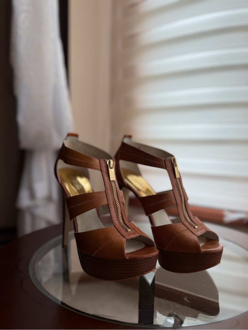 Michael Kors Brown Leather Strappy Platform Heels with Front Zip Detail